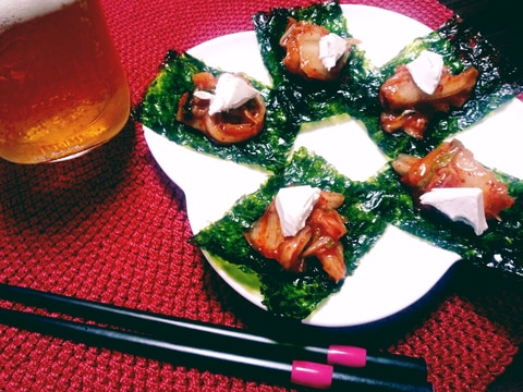 簡単おつまみ♪キムチとチーズの韓国のり乗せ☆